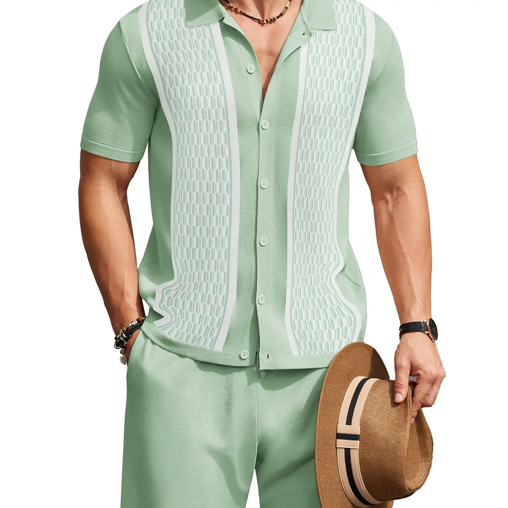 COOFANDY Men's 2 Piece Outfit Vintage Short Sleeve Button Down Knit Polo Shirts Casual Beach Shorts Sets