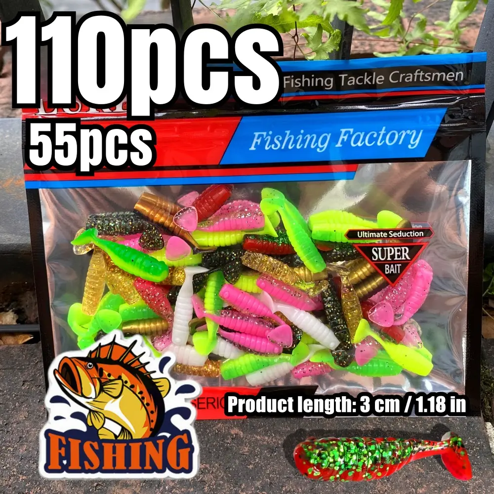 110pcs/55pcs Small Fish Mini Soft Bait Kit, Fishing Tackle, Fishing Equipment, for outdoor fishing in various water scenarios, mini ribbed T-tail imitates fish swimming motion, Fishing Lure Set