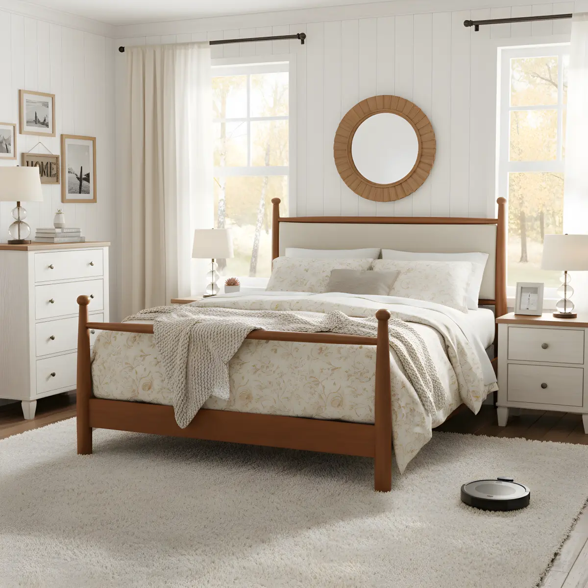 [Bellemave] Wooden Platform Bed Frame with Upholstered Headboard, Vintage Style, No Box Spring Needed, Easy Assembly