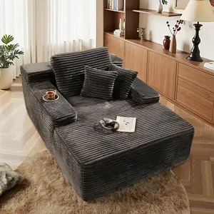Chaise Lounge Chair Indoor, 67" Oversized Sofa Bed with Pillows No Assembly Required, Deep Seat Corduroy Boneless Sleeper Couch for Living Room Bedroom, Modern Reading Chair, Gray