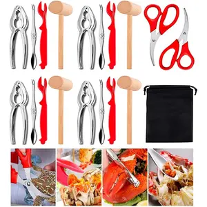 19- Seafood Tools Set with Storage Bag, Crab Crackers and Tools Set, Include 4 lobster crab mallets, 4 crab crackers, 4 Lobster Shellers, 4 crab  forks/picks, 2 Seafood