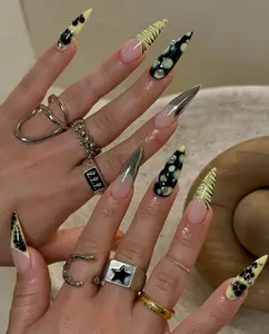 Handmade Gold Black Leopard Press On Nails, Gold Charm Nail Art
