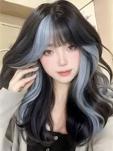 Black Wig with Blue Highlights, Wavy Ombre Wig, Ombre Wavy Wigs, 16 Inch Medium Long Curly Hair Band, Bangs, Synthetic Curly Wigs, High Temperature Fiber, Suitable for Daily Use Cosplay