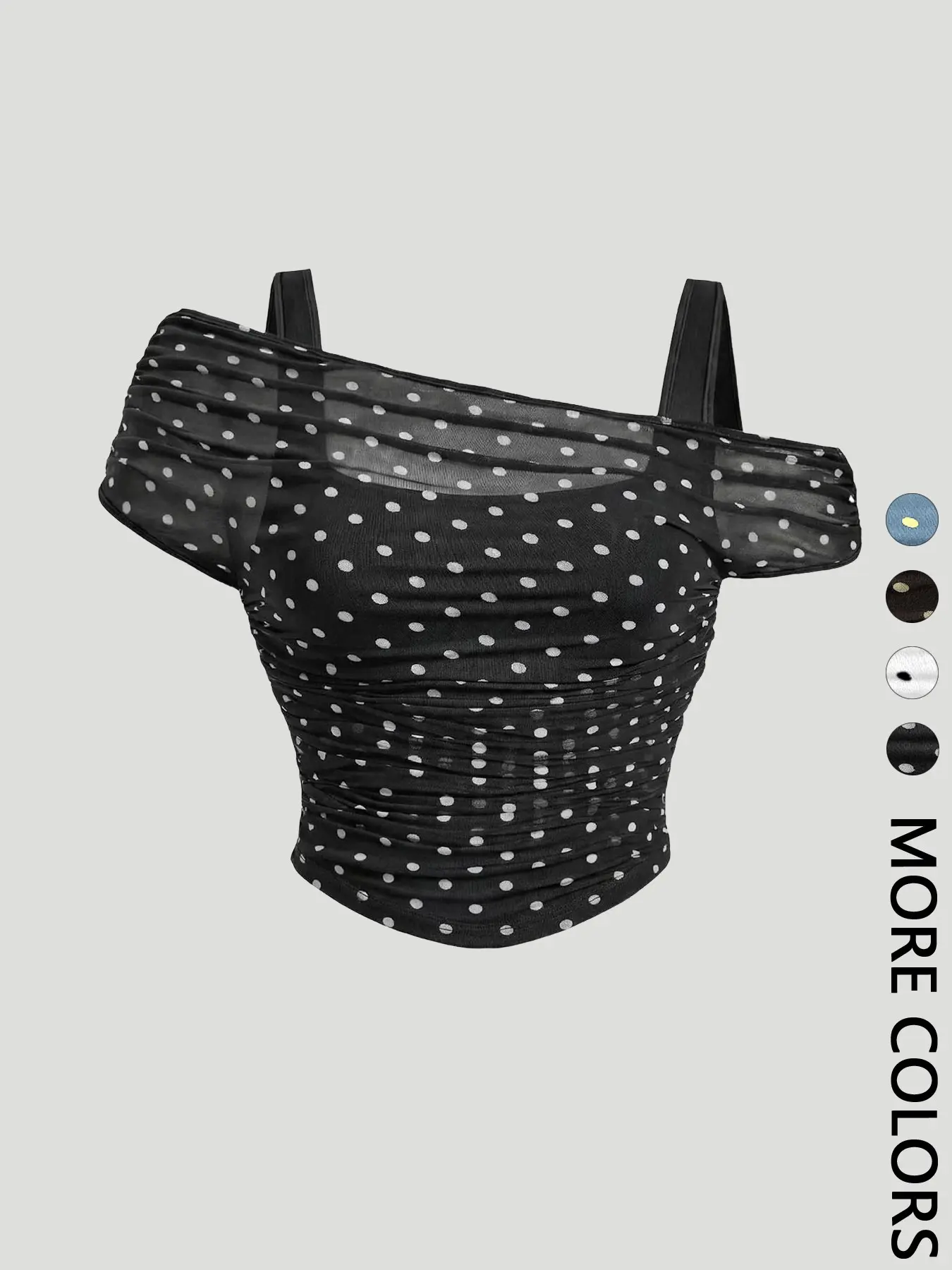 Women's French-Style Polka-Dot Off-Shoulder Crop Top, Sheer Mesh Ruched Blouse Shirt Top for Date Night and Party