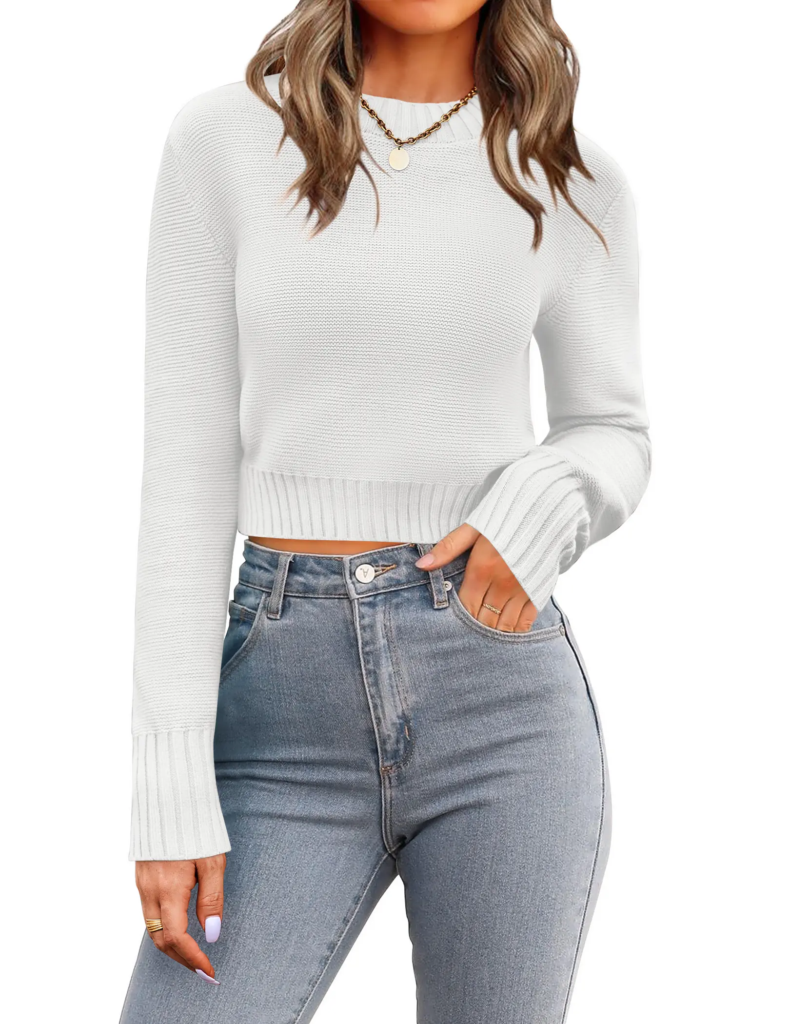 Women's Fall Crewneck Cropped Sweater Trendy Long Sleeve Ribbed Knit Pullover Jumper Tops summerwins