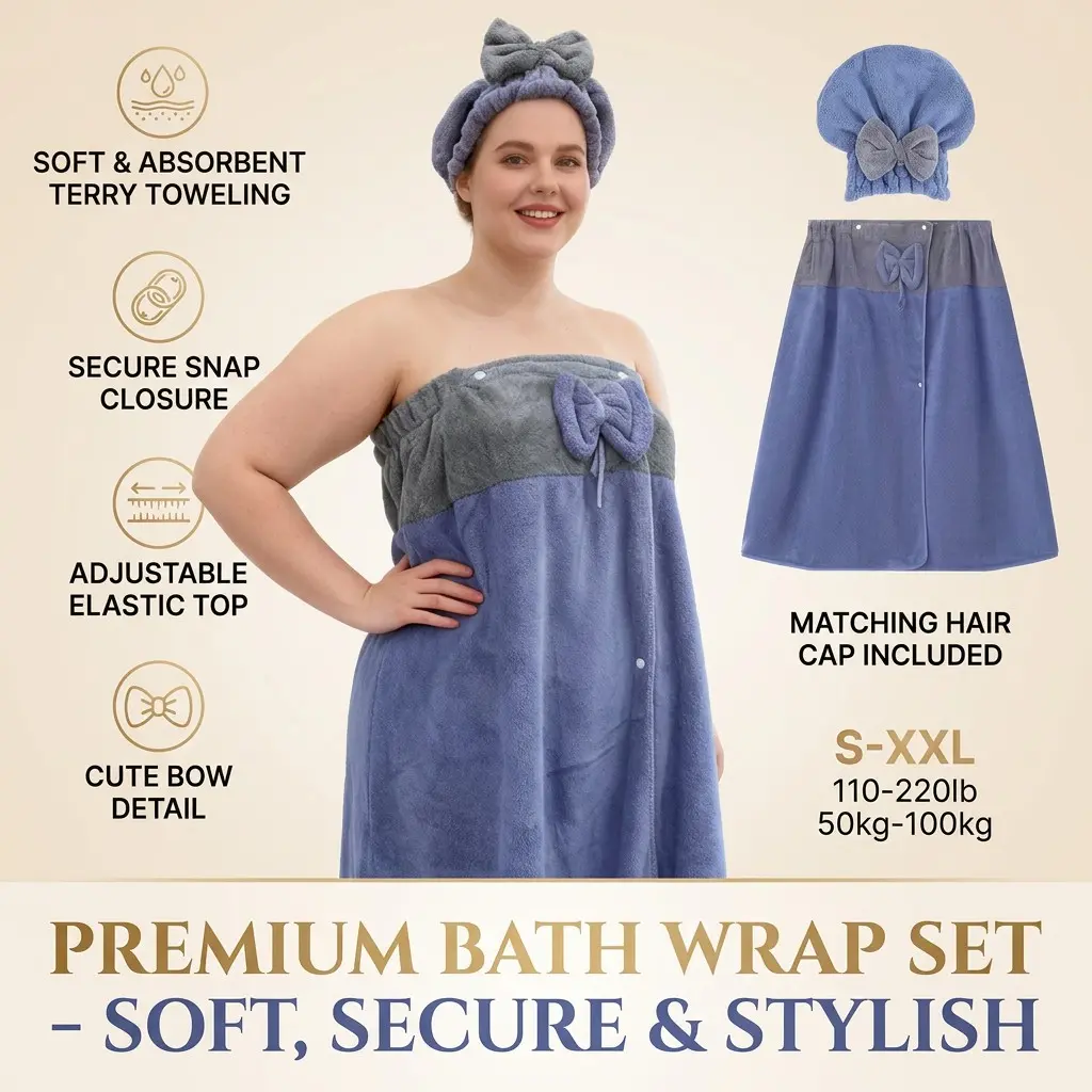 2 Pcs Bow Color-Block Bath Wrap & Princess Hair Turban Set, Absorbent Quick-Dry Coral Fleece Strapless Bath Robe, Soft & Skin-Friendly, Ideal for Home Bath & Spa Use