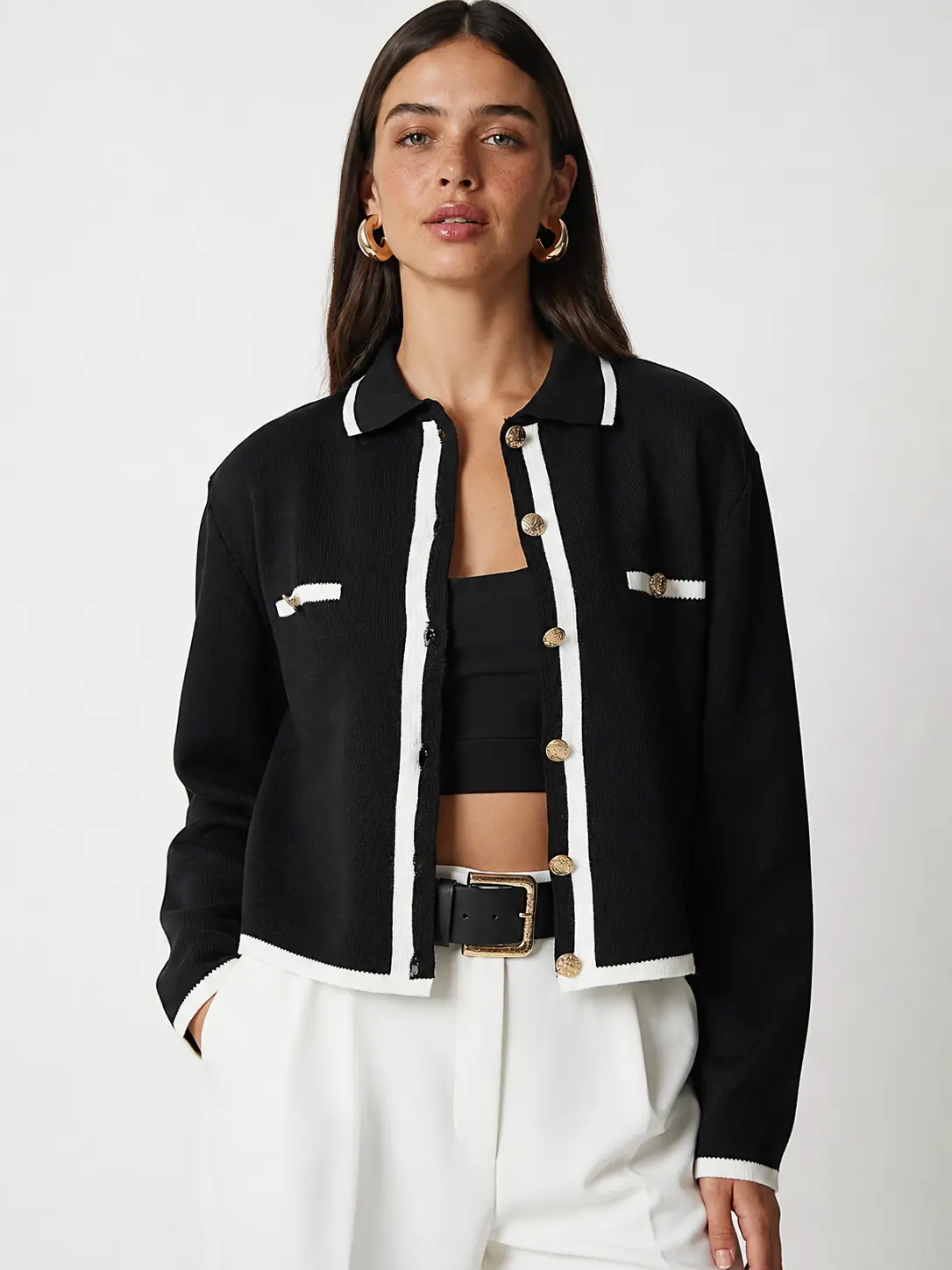 Hilogo Women’s Black & White Contrast Trim Knit Jacket – 50% Viscose, 28% Nylon, 22% Polyester – Gold Button Front, Cropped Fit, TikTok Shop USA Compliant, Chic, Skirts