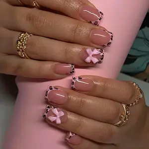 Leopard Print Fake Nails Kit, 24pcs Bow Decor Short Square False Nails for Women & Girls DIY Nail Art, Effortless Press on Nails Manicure Set, Christmas, Christmas Gift