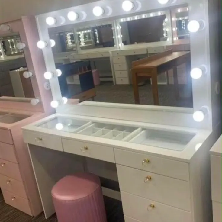 Lighted Vanity Table with Glass Top | White Elegance & 7 Drawers