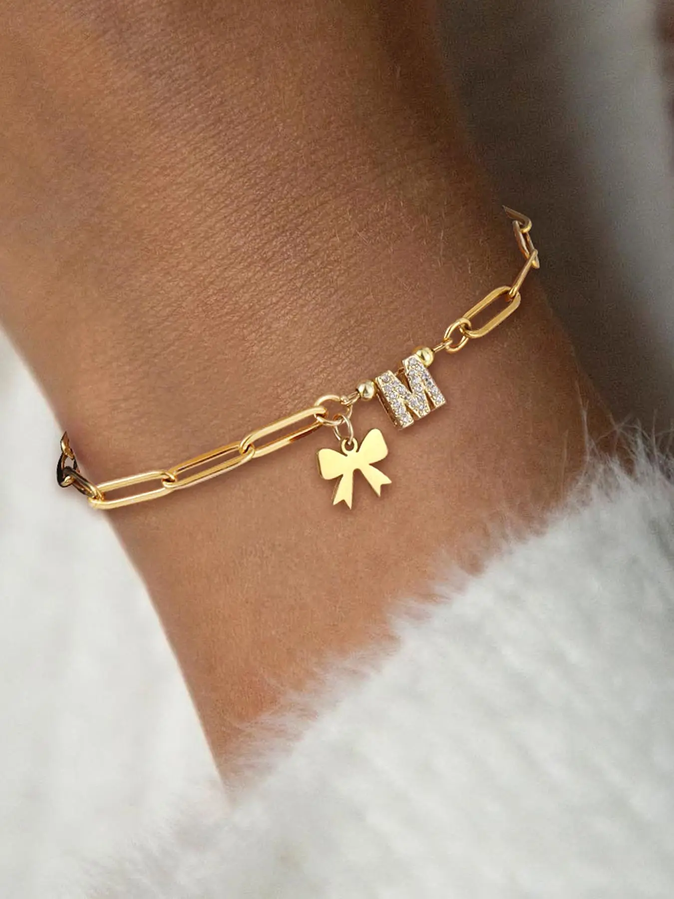 Bowknot Design Initial Bracelet, Rhinestone Decorated Link Bracelet for Women & Girls, Letter Link Bracelet, Initial Letter Bracelets, Fashion Jewelry for Party, Daily Decor, Fashionable Bracelet, Stainless Steel Bracelet