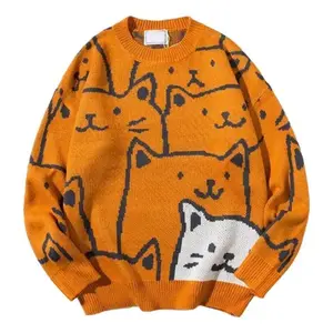 Harajuku Retro Cartoon Cat Oversized Men’s Winter Pullover Sweater – Casual Knitwear, Menswear