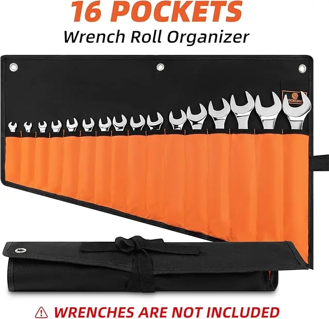 Wrench Roll Organizer 16 Pockets, Wrench Pouch Roll Up with Oxford Cloth, Tool Roll Bag for Wrenches Organization, Black and Orange