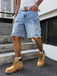 Light Blue American Vintage Washed Denim Five-Pocket Shorts for Men, Summer Loose Fit Slimming Wide Leg Pants, Trendy Star Print Shorties, Summer Casual Shorts