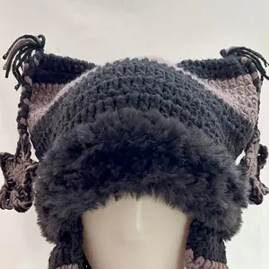 Women's Warm Knitted Hat Soft Thick Winter Woolen Hat with Faux Fur Lining Stylish Ear Flaps and Tassels Suitable for Outdoor Use in Cold Weather