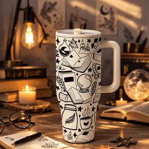 1pc 40oz Stainless Steel Insulated Travel Mug with Handle, Black and White Book & Magic Doodle Print Tumbler with Lid and Straw, Double Wall Vacuum Insulation Keeps Drinks Hot 6H Cold 12H, Large Capacity Coffee Cup for Home Office, Birthday Holiday Gift