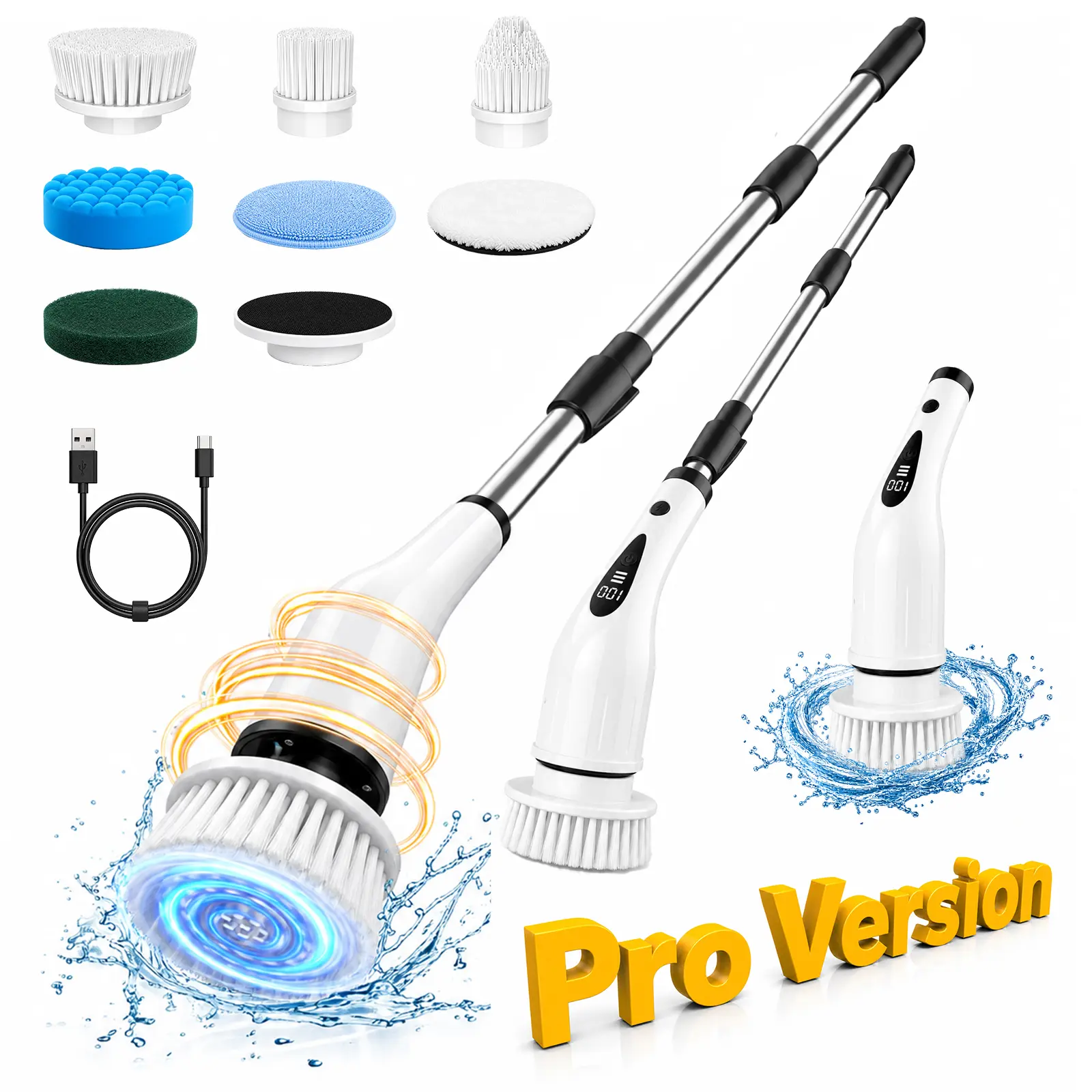 Upgraded Cordless Electric Spin Scrubber, IPX7 Full-Body Waterproof USB Rechargeable Cleaning Tool, Cordless Handheld Scrubber with 4 Replaceable Brush Heads, 3 Adjustable Extension Handle, 2-Speed for Bathroom, Kitchen, Usb Rechargeable Scrubber