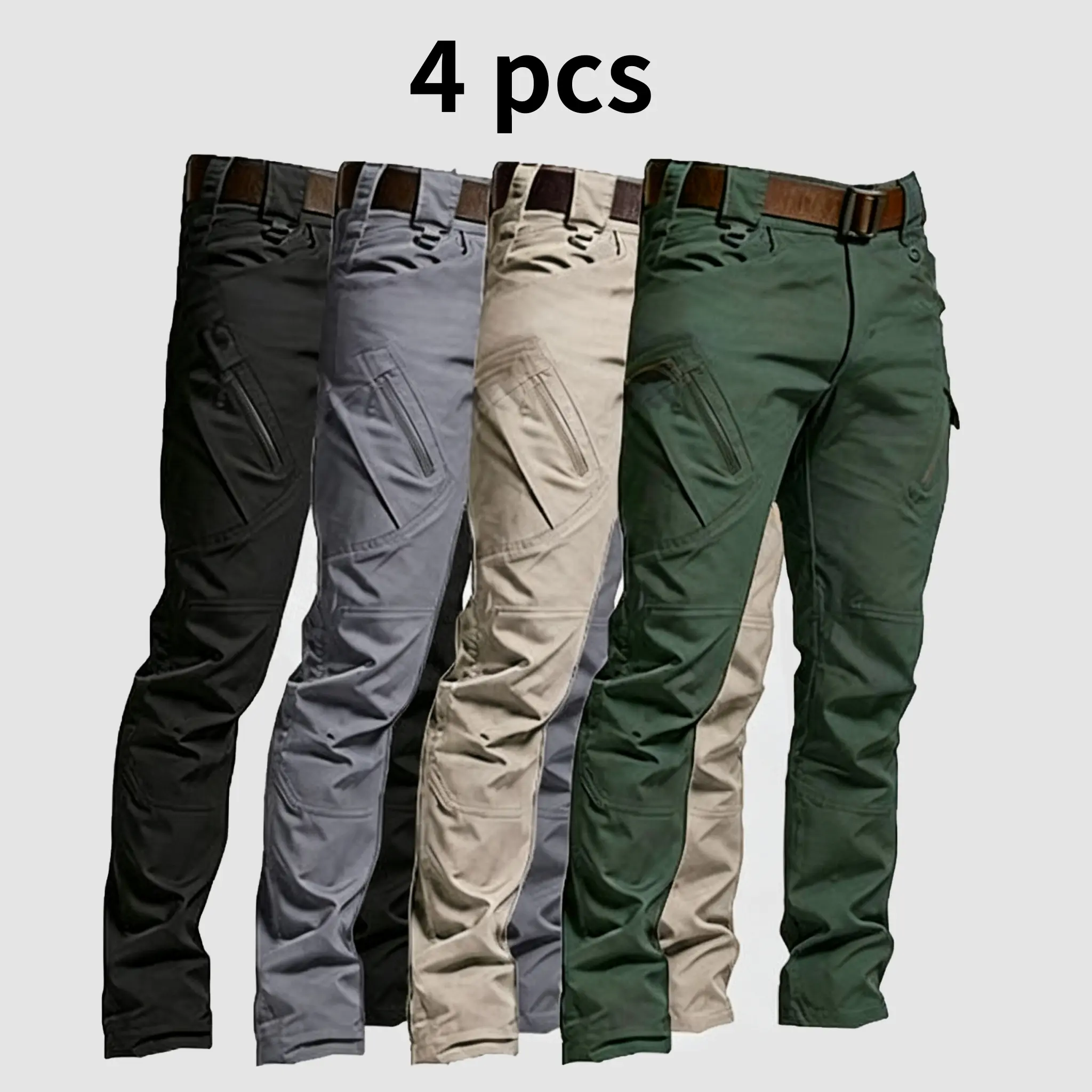 Men's 2-Piece Tactical Cargo Trousers, Menswear, Mid-Rise Zip Tailored Fit, Multi-Pocket, Durable Breathable Polyester, All-Season, Stylish Casual, Ideal for Construction Work.