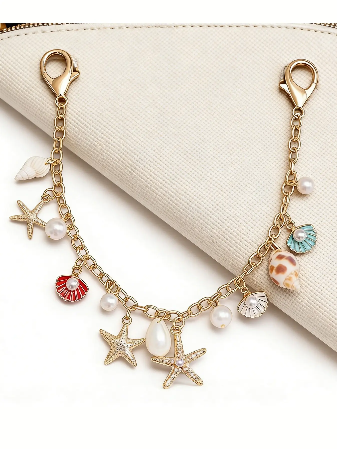 Artistic vacation style ocean element bag decoration, retro elegant fashion texture chain accessory, Bag Accessories Charms, Purse Charm, Charms For Purses, Purse Charms For Handbags, with starfish, shell, pearl element decoration design