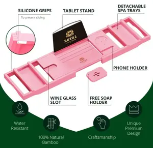 ROYAL CRAFT WOOD Luxury Bamboo Bathtub Caddy Tray (Pink)