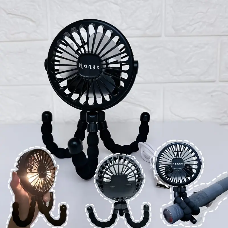 A Compact Tripod Fan, Multifunction Fan, Featuring a Night Light, Rechargeable Via USB, with Three Speed Settings And a Turbo Boost Option, Suitable for Desks Or Handheld Use, Ideal for Parents, Travelers, It Provides Cooling for Camping, Office