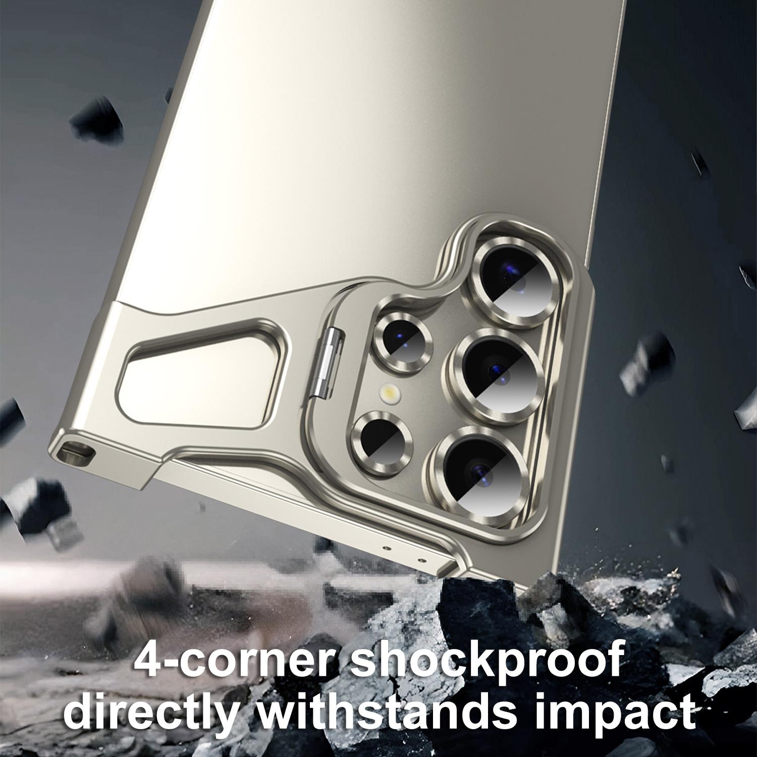 Compatible For Samsung Galaxy S25 S24 S23 S22 ULTRA Borderless Lens Stand Case, Aluminum Metal Frameless Design, with Camera Lens Protector, Slim Thin & Lightweight, Shockproof Bumper Case for Women Men