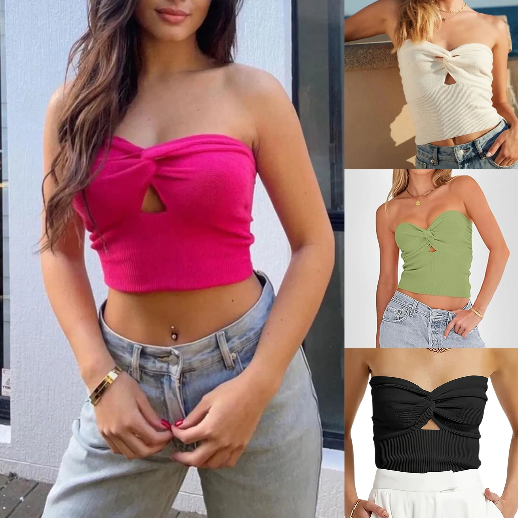 Women's Twist Knot Knit Tube Top, Strapless Off Shoulder Backless Cut Out Crop Top, Cropped Going Out Bodycon Top，crochet halter top Womenswear Comfort western outfits women