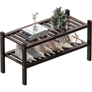 2 Tier (Thick) Bamboo Shoe Rack for Closet Free Standing Wood Shoe Shelf for Entryway Small Space Stackable 27"x12"x14" (Black Brown)