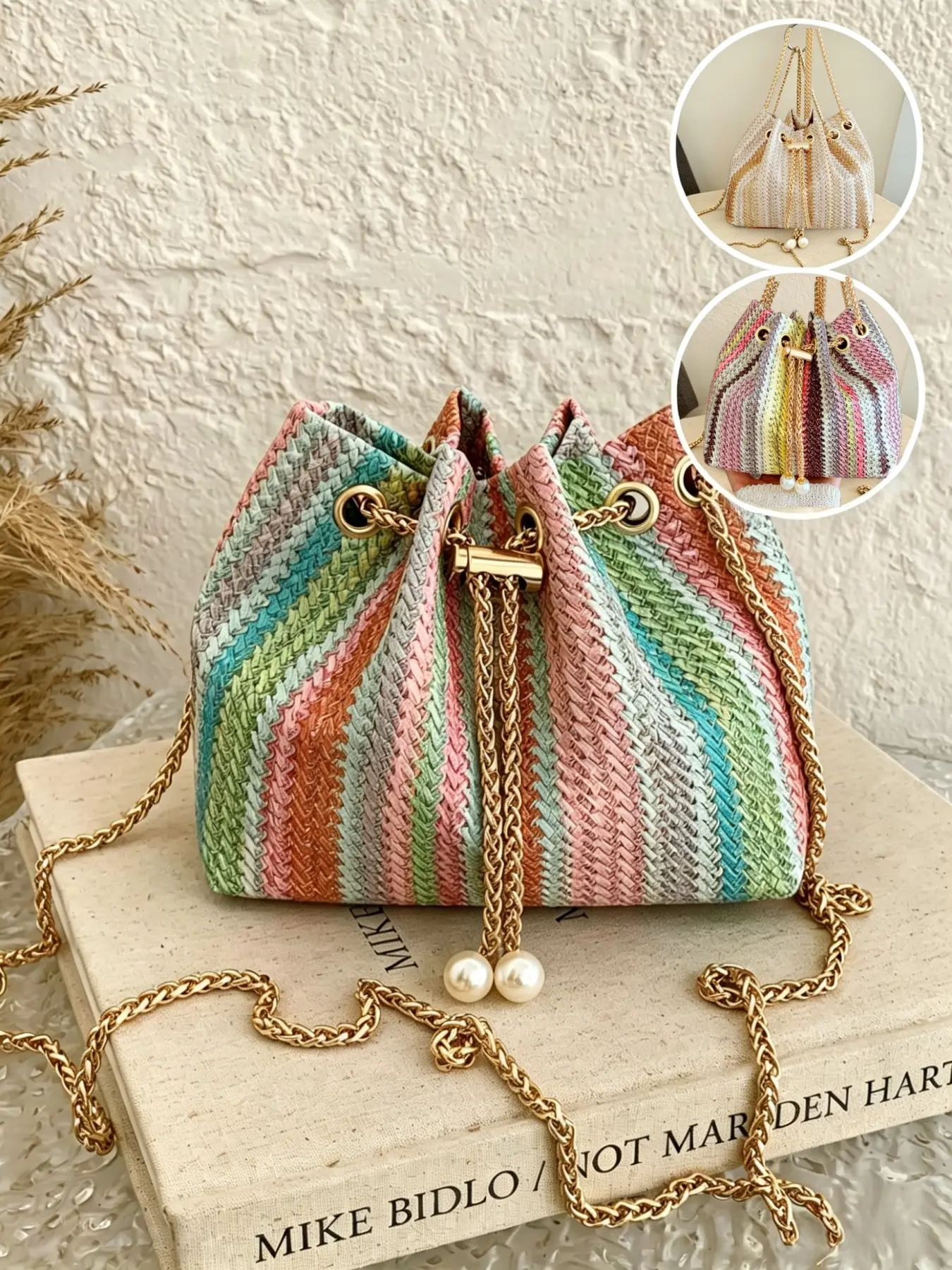 1pc Mini New Fashion Straw Woven Chain Drawstring Bucket Bag, Bohemian Straw Bag, Boho Style, Striped Pattern, Beach Bag, Summer, Crossbody Fashion Bag