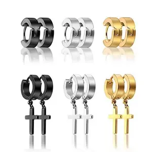 hip  hop  mwear 6pairs-3colors-SH Cross Dangle Earrings in Black Silver Gold Stainless Steel Fashion Jewelry for Men Women