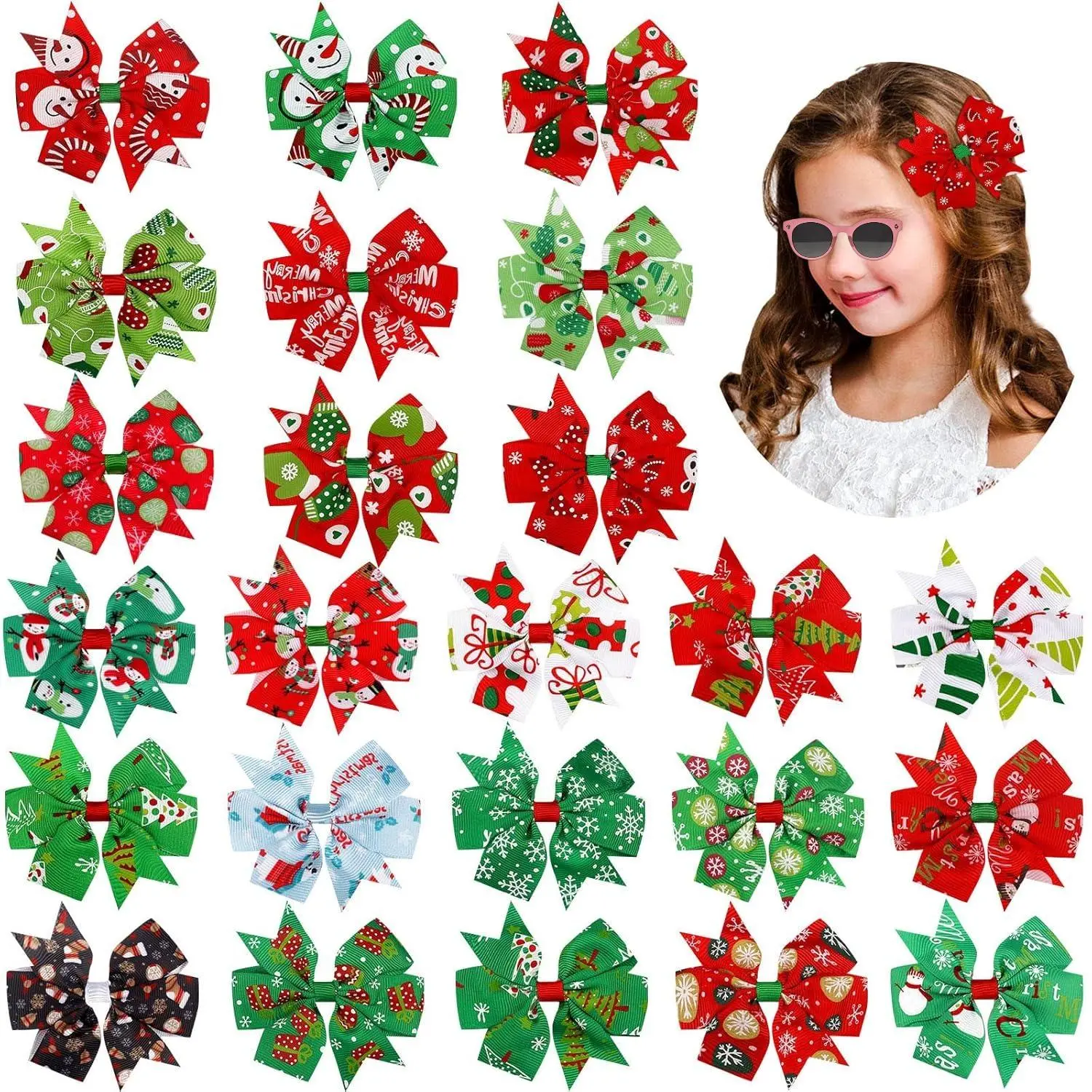 KF5-HB04   24 Pcs Christmas Hair Bows Clips for Girls Christmas Hair Accessories Colorful Xmas Boutique Hair Clips Snowflake Snowman Christmas Tree Bowknot Hairpins Barrette for Holiday
