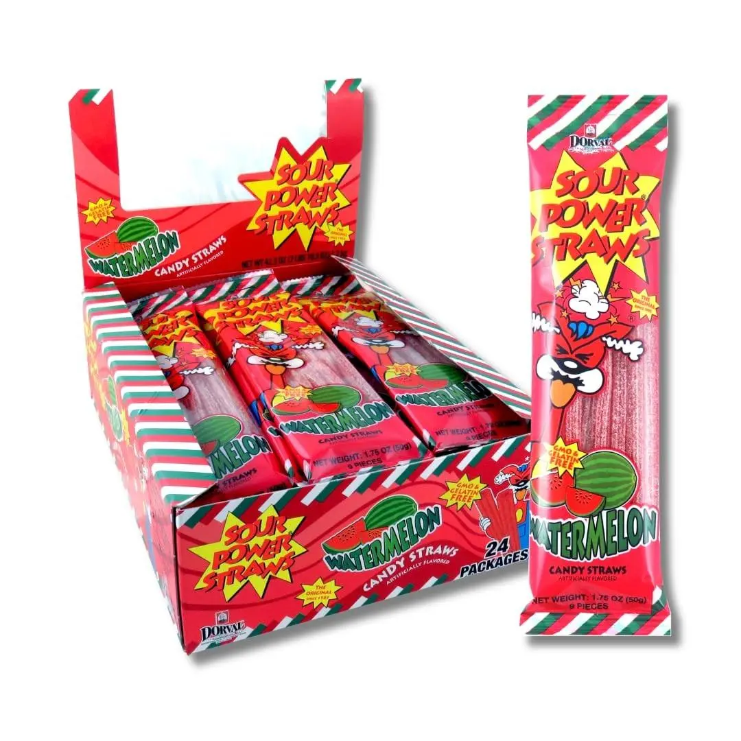 Dorval Sugar-Based Sour Power Candy Straws - Watermelon Flavor, 1.75oz, 24 Pieces Boxed Pack