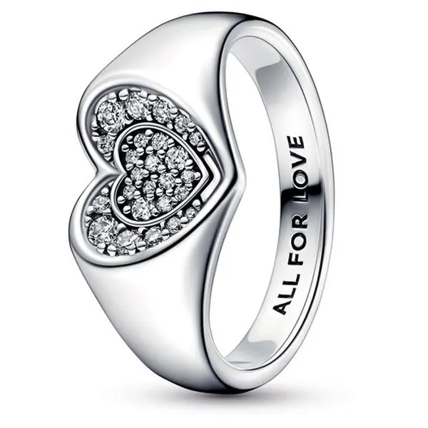 PANDORA Radiant Heart Pave Signet Ring, 925 Sterling Silver with "ALL FOR LOVE" Engraving, Sparkling Jewelry for Women, 925 Stamp Silver Rings, Statement Silver Rings