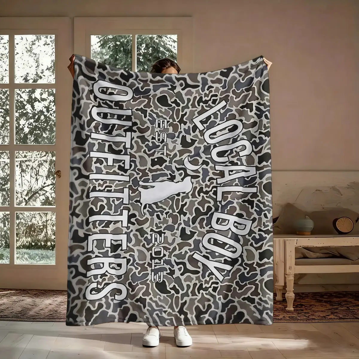 Local Boy Outfitters Hunting Theme Camo Print Flannel Decorative Blanket - Durable, Wrinkle Resistant, Black Gray Soft, Flat Weave, Machine Washable, Indoor Room Decor, Gift for Hunting Enthusiasts