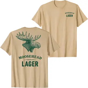 Moosehead Lager Moose Graphic Beige T-Shirt with Large Antlered Deer Head Illustration Print, Vintage Canadian Beer Style Streetwear Tee for Men Women Unisex Casual Summer Shirt