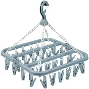 PrimPick Clothes Drying Hanger Space Saving with 32 Clips and Drip Foldable Hanging Rack Adjustable Hooks Hanger