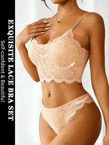 1SET French Style Lace Lingerie Set, Soft Wireless Bralette  Matching Panties, Seamless Comfort Breathable Bra Set, Romantic