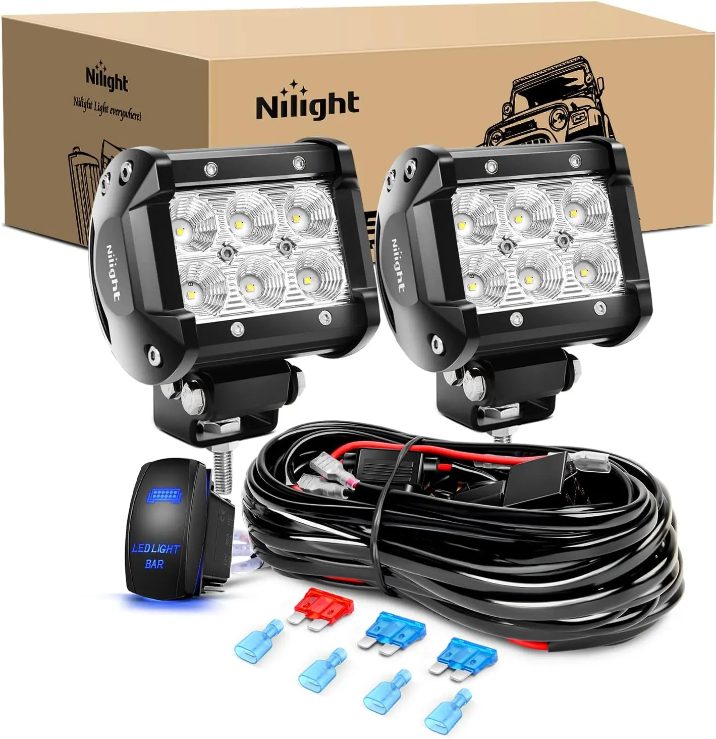 Nilight High Power Dual LED Car Work Light Bar Kit - 2PCS 18W Per Unit Flood Off-Road Work Lights, 12V 1x 5-Pin Rocker Switch, 12ft Extendable Wiring Harness with Output Connectors, Mount Adjustable Bright LEDs Car Lighting for Jeeps, Ships