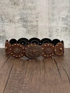 Women's Western Cowboy Style Wide Belt, PU Leather Patchwork, Antique Copper Rivets, Bohemian Carved Bull Head Buckle