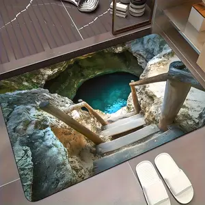 1pc Fantasy Water Tower Bathroom Mat Diatom Mud Absorbent Suitable for Bedroom and Living Room Entrance Mystical Cave Design with Stairs and Blue Water Includes White Slippers Durable Entryway Mat Enchanting Cave Theme Durable Entrance Pad