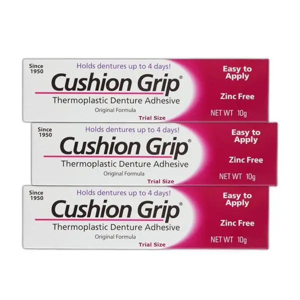 Cushion Grip Thermoplastic Denture Adhesive, 0.35 oz Travel Size (Pack of 3) – Refits and Tightens Loose Dentures for Up to 4 Days | Non-Glue, Zinc-Free, Waterproof Formula, Acts Like a Soft Reliner