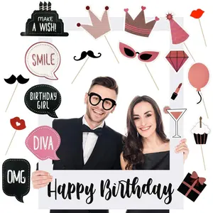 31 count Large Photo Booth Props Picture Frame for Happy Birthday Party DIY Cutouts, Selfie Props Ideal for Party Supplies & Favors