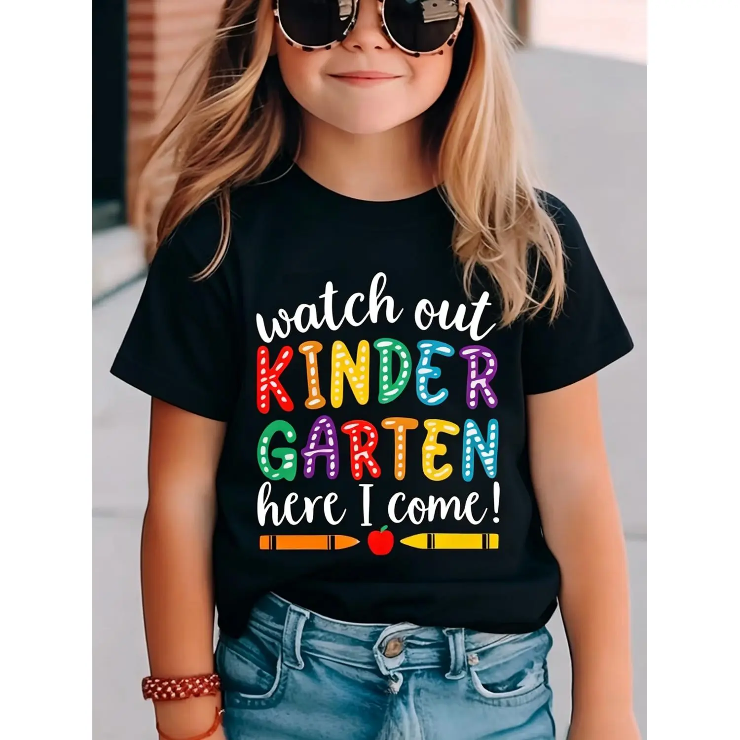 Girls' T-Shirt with Short Sleeves Made of. Get Ready, Kindergarten, I'M on My Way! Adorable, Colorful Letter Print on a Versatile And Comfy Round Neck Top