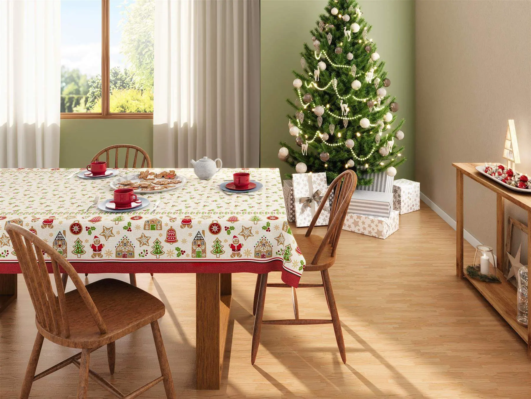 Christmas Tree Printed Rectangle Tablecloth - 80% Cotton 20% Polyester Blend, White & Red, Gingerbread House & Candy Canes Design, Machine Washable, Fast Dry Christmas Decor, Christmas Trees