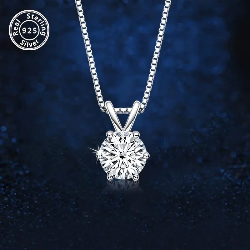 925 Sterling Silver 6-Prong Round Cut Solitaire Diamond Necklace - VVS Dainty Elegant Hypoallergenic Pendant, Refined Look for Engagement, Wedding, Daily Wear, Elegant Necklace, Diamond Necklaces