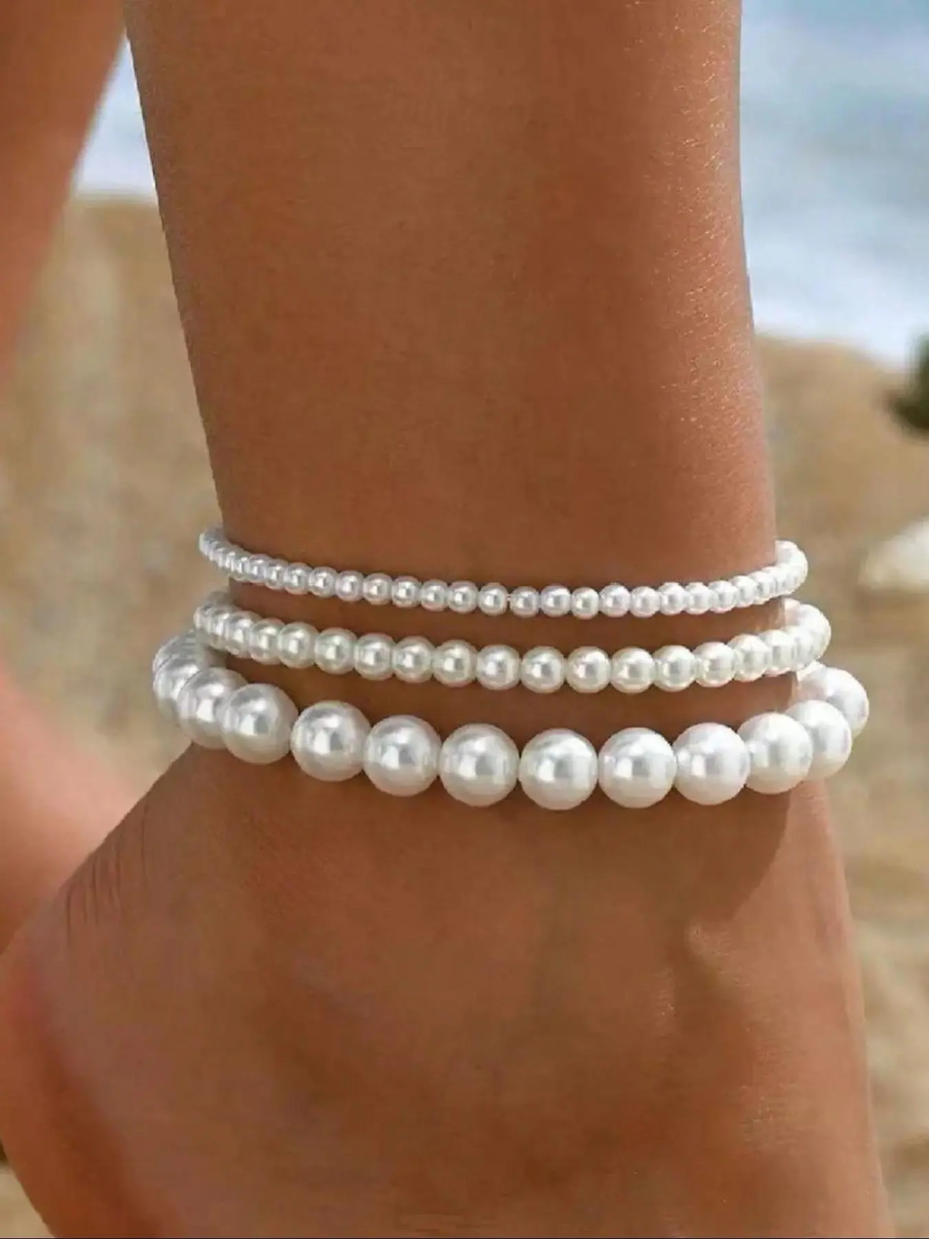 Minimalist Artificial Pearl Bead Ankle Chain, Fashionable Elastic Foot Accessory Set for Women & Girls, Casual Ocean Vacation Style Ankle Jewelry Set Anklet, Trendy Fashionable Accessories