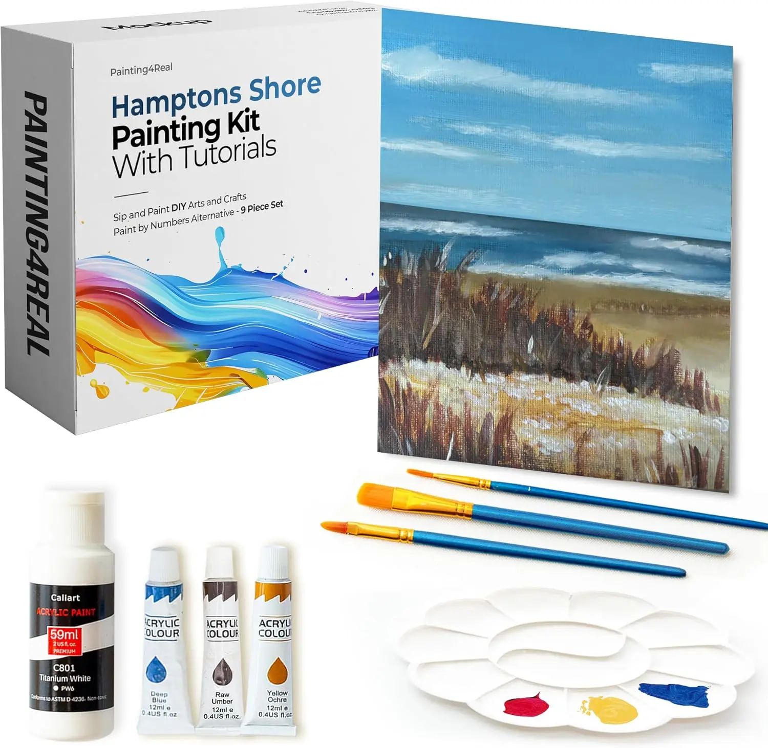 DIY Hamptons Shore Acrylic Painting Kit with Video Tutorials - 9pc Art Set for Adults and Beginners