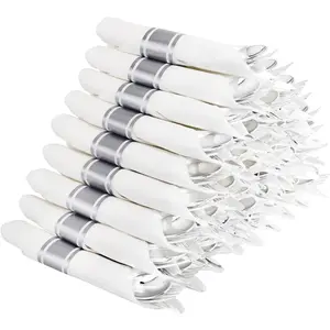 60 Pack Silver Plastic Silverware,Pre Rolled Silverware,Premium Disposable Silver Cutlery,Suit for Wedding,Catering Event,Birthday,Party