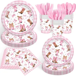 168PCS Cowgirl Party Supplies for Birthday Pink Coquette Bow Party Decorations Western Cowgirl Themed Tableware Bowknot Rodeo Paper Plates Cups Napkins Serves 24 Guests