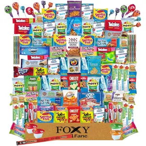 Foxy Fane 150 Count Deluxe Snack Box - Ultimate Gift Care Package with Variety Assortment of Crackers, Cookies, Candy, Chips & Other Snacks - Bulk Bundle of Delicious Treats (150 Snacks)