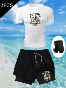 Men's Jiu-Jitsu Graphic Print Sports Set, Quick-Dry Short Sleeve Top, Dual-Layer Stretch Running Shorts, Perfect for Gym Clothes Workout and Outdoor Activities